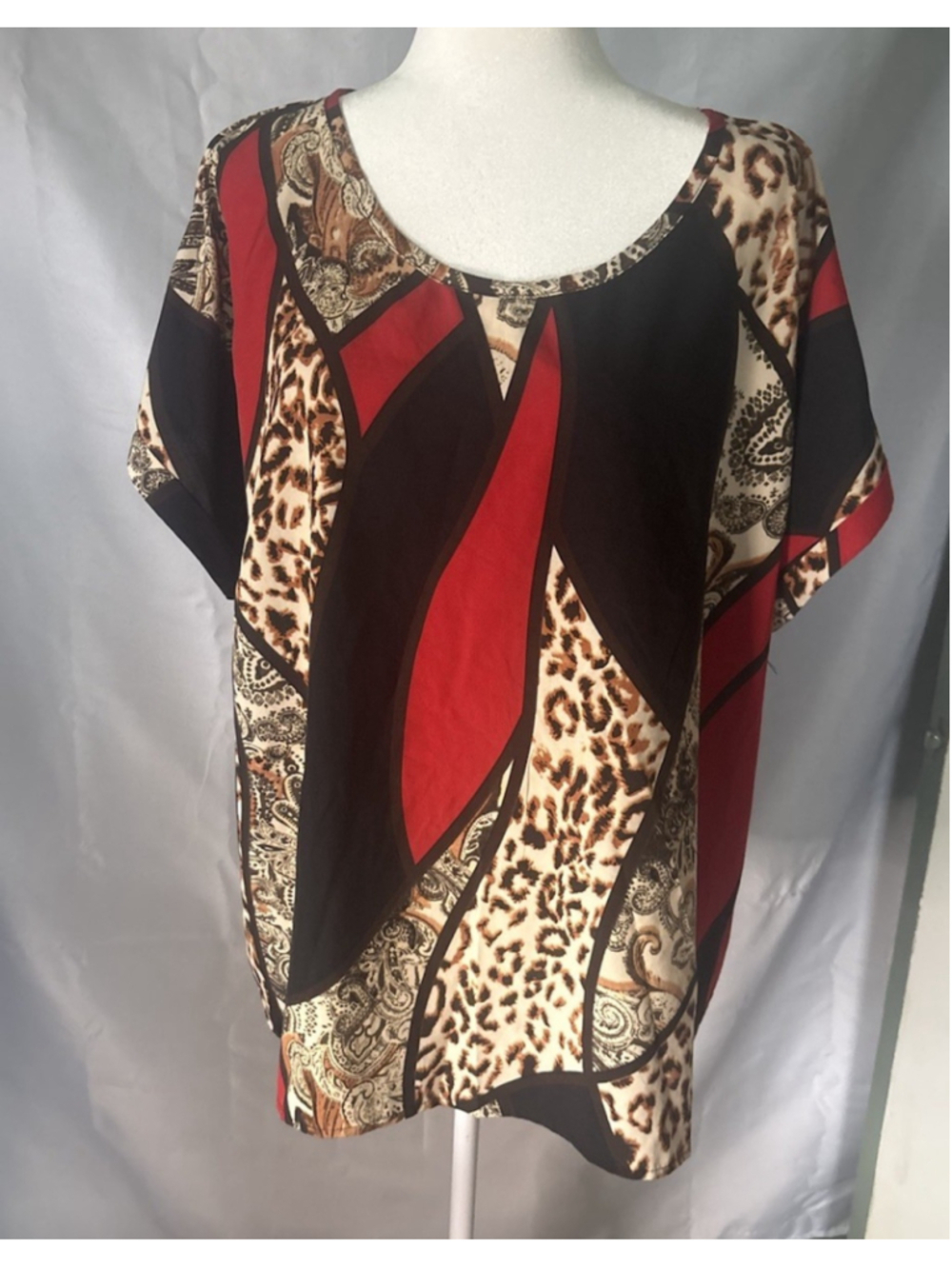 Chic Mixed Media Pattern Top Red Black Animal Print Oversized Tunic Blouse